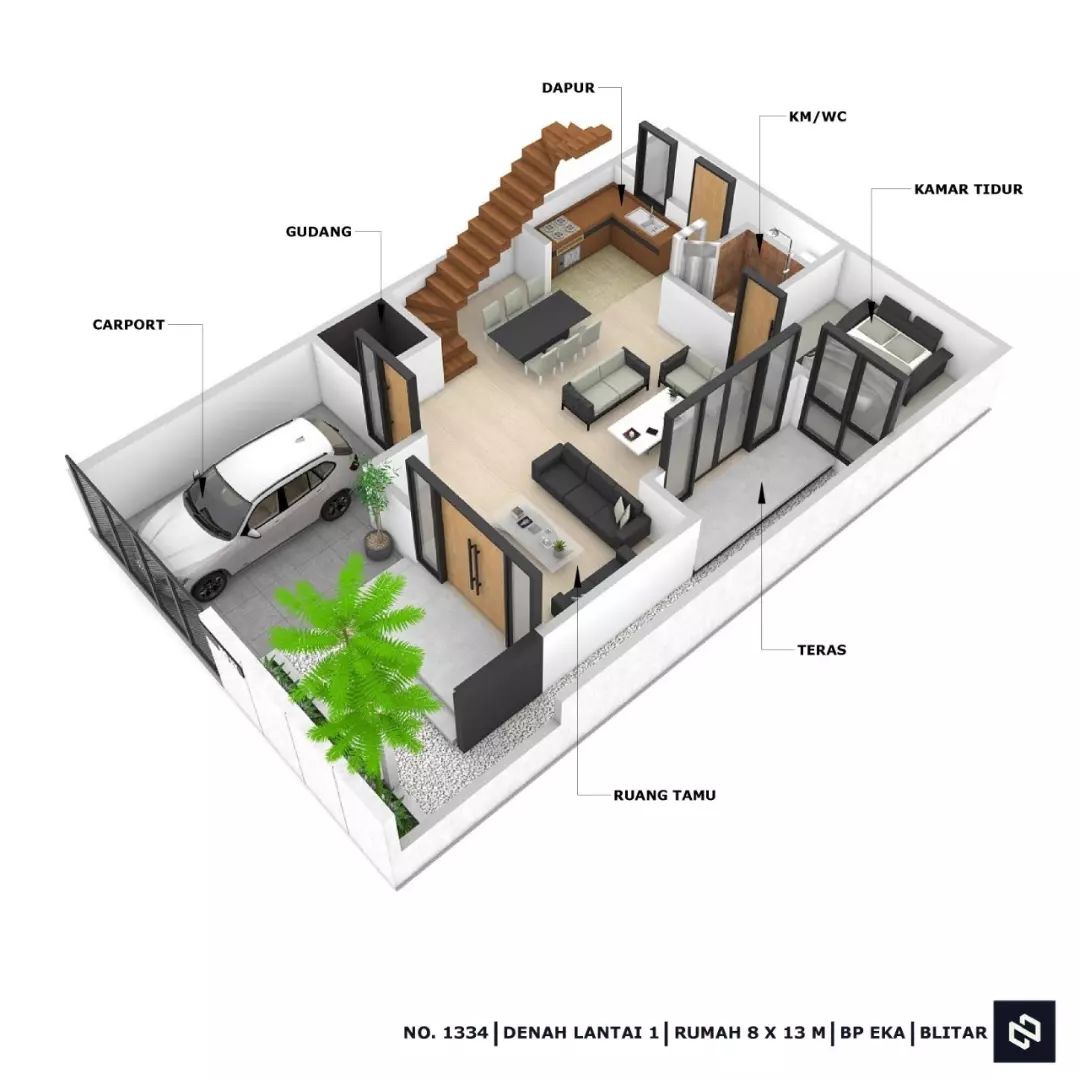 Desain rumah 8x13 Meter 2Lantai