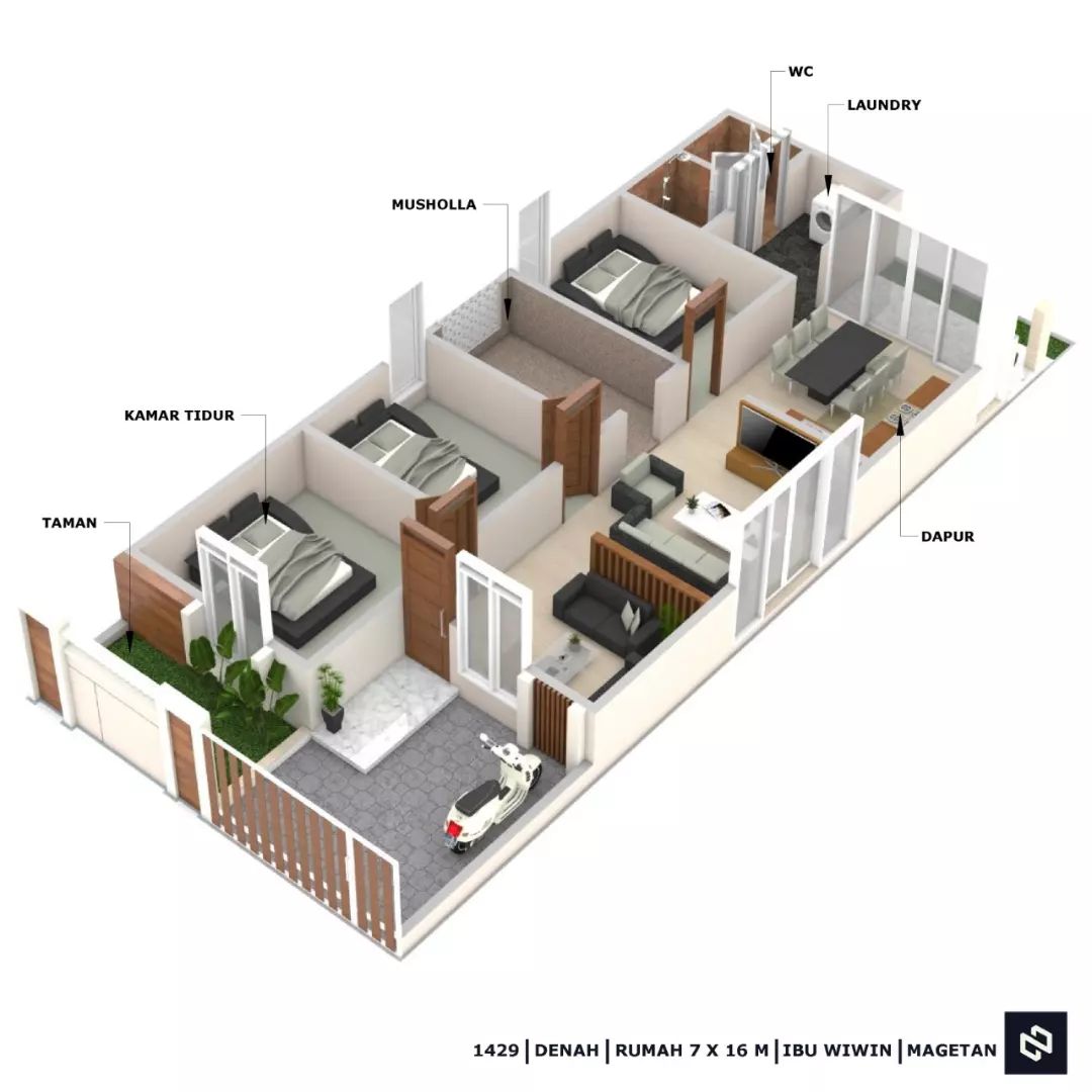 Desain rumah 7x16 Meter 1Lantai