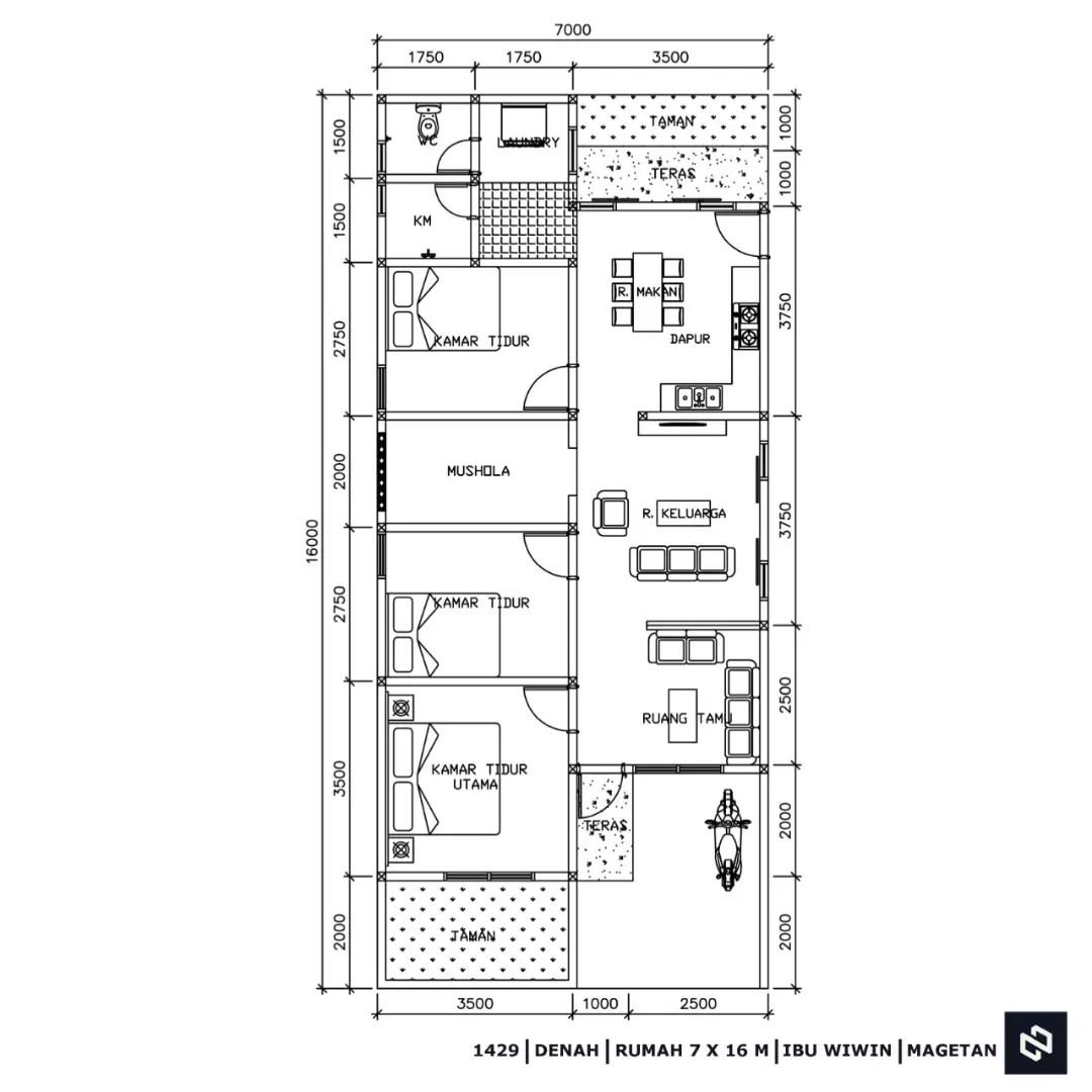 Desain rumah 7x16 Meter 1Lantai