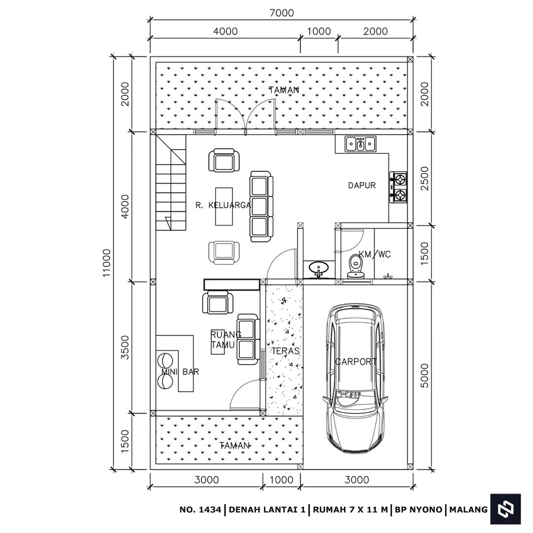 Desain rumah 7x11 Meter 2Lantai