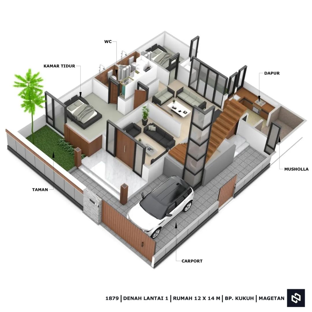 Desain rumah 12x14 Meter 2Lantai