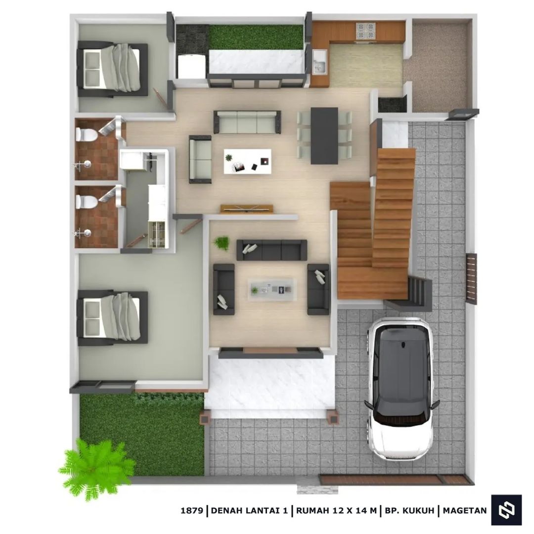 Desain rumah 12x14 Meter 2Lantai