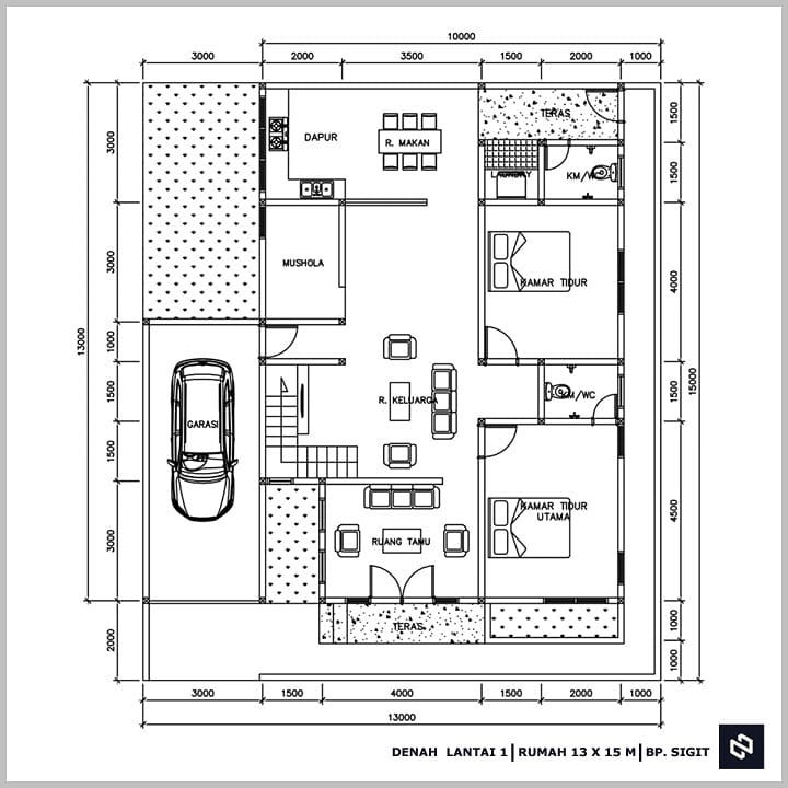 Desain rumah 13x15 Meter 2Lantai