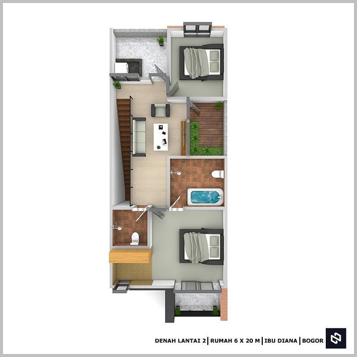 Desain rumah 6x20 Meter 2Lantai