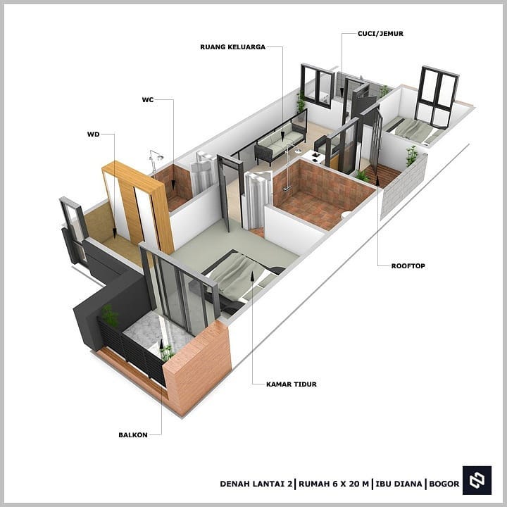 Desain rumah 6x20 Meter 2Lantai