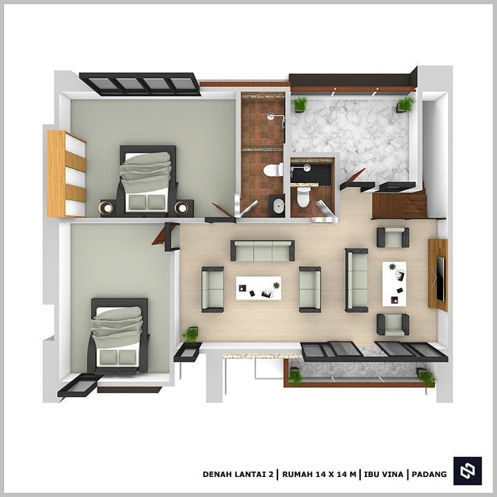 Desain rumah 14x14 Meter 2Lantai