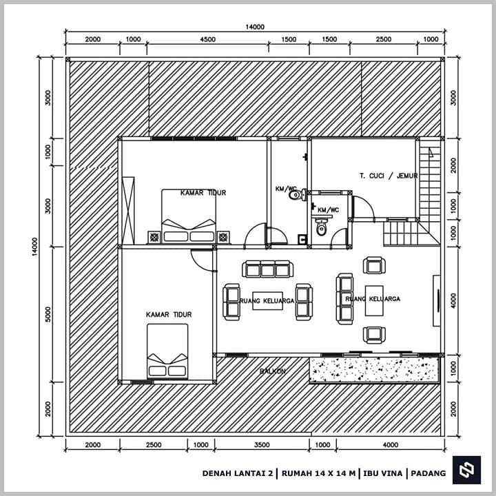 Desain rumah 14x14 Meter 2Lantai