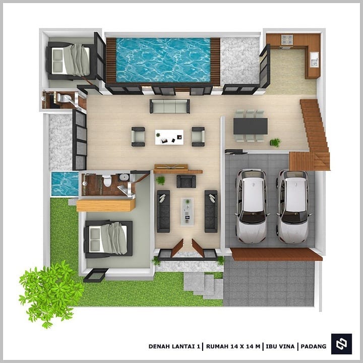 Desain rumah 14x14 Meter 2Lantai