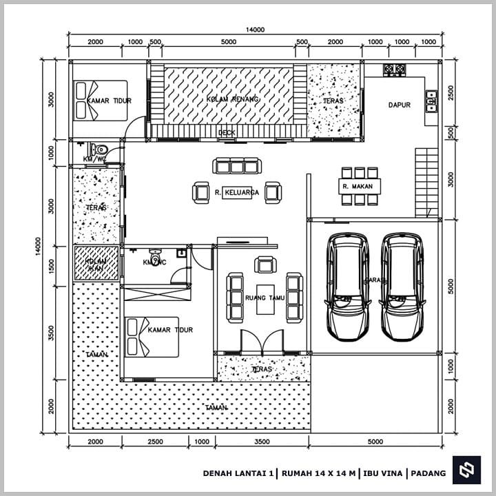 Desain rumah 14x14 Meter 2Lantai