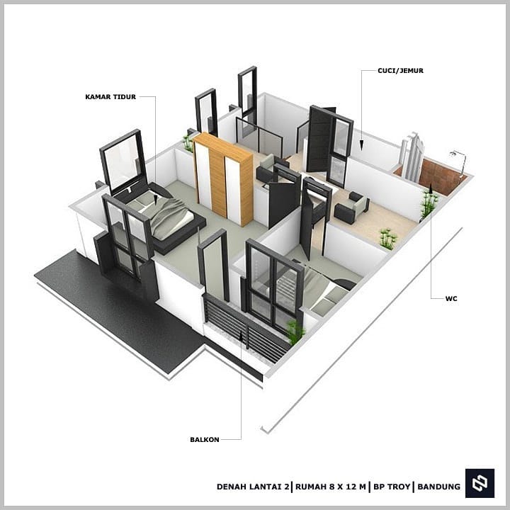 Desain rumah 8x12 Meter 2Lantai