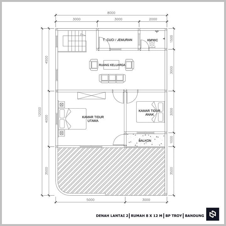 Desain rumah 8x12 Meter 2Lantai