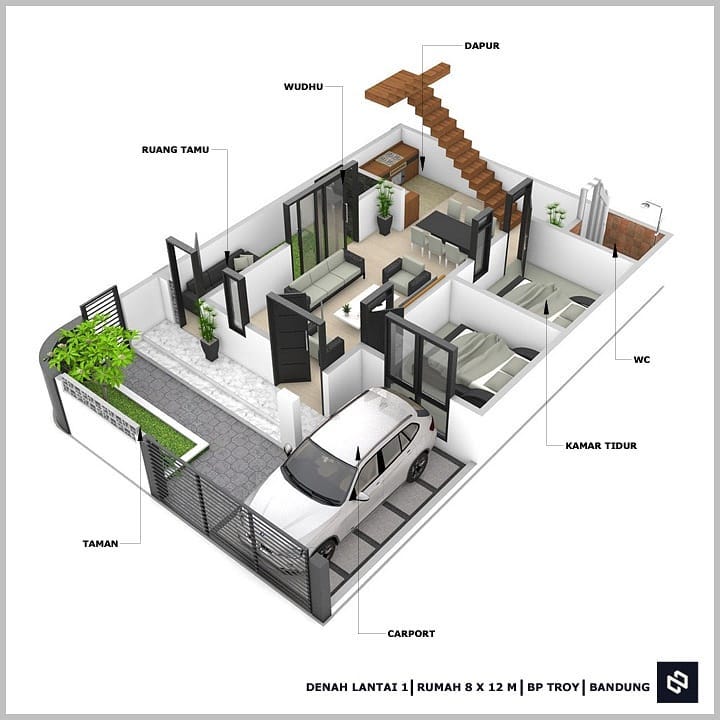 Desain rumah 8x12 Meter 2Lantai