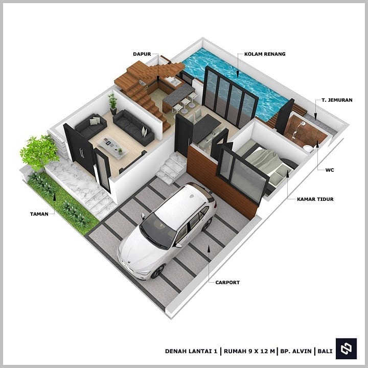 Desain rumah 9x12 Meter 2Lantai