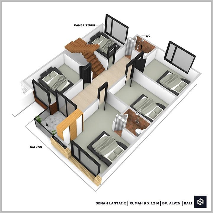 Desain rumah 9x12 Meter 2Lantai