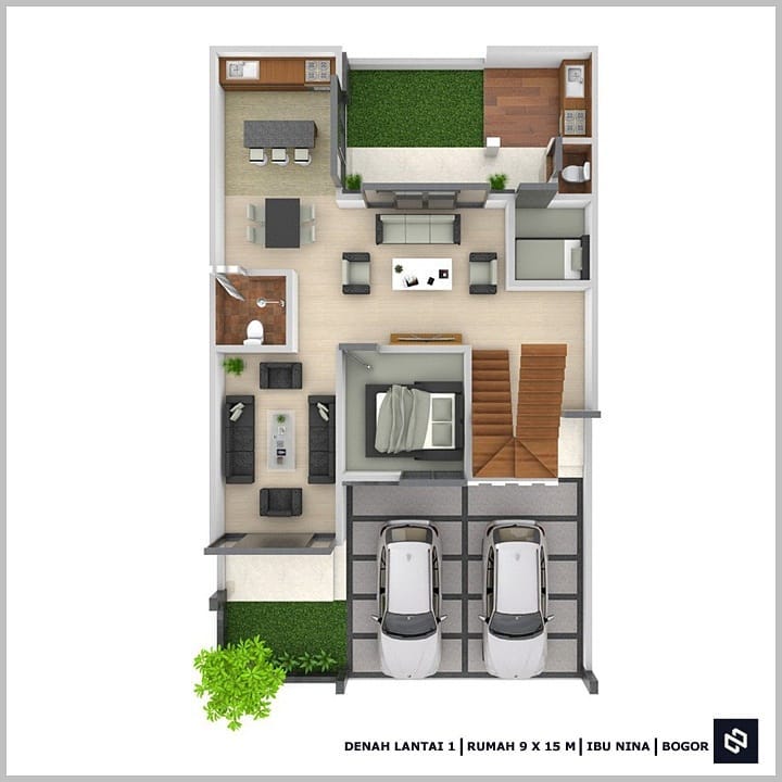 Desain rumah 9x15 Meter 2Lantai