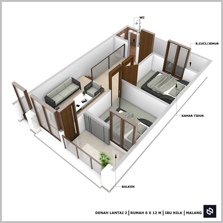 Desain rumah 6x12 Meter 2Lantai