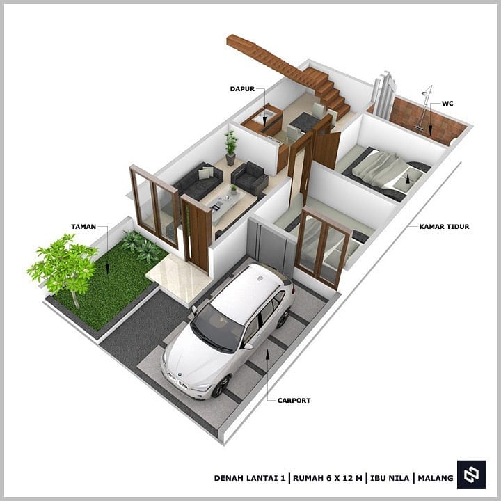 Desain rumah 6x12 Meter 2Lantai