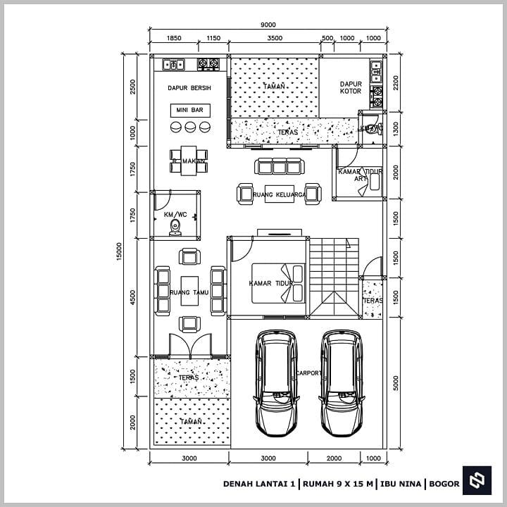 Desain rumah 9x15 Meter 2Lantai