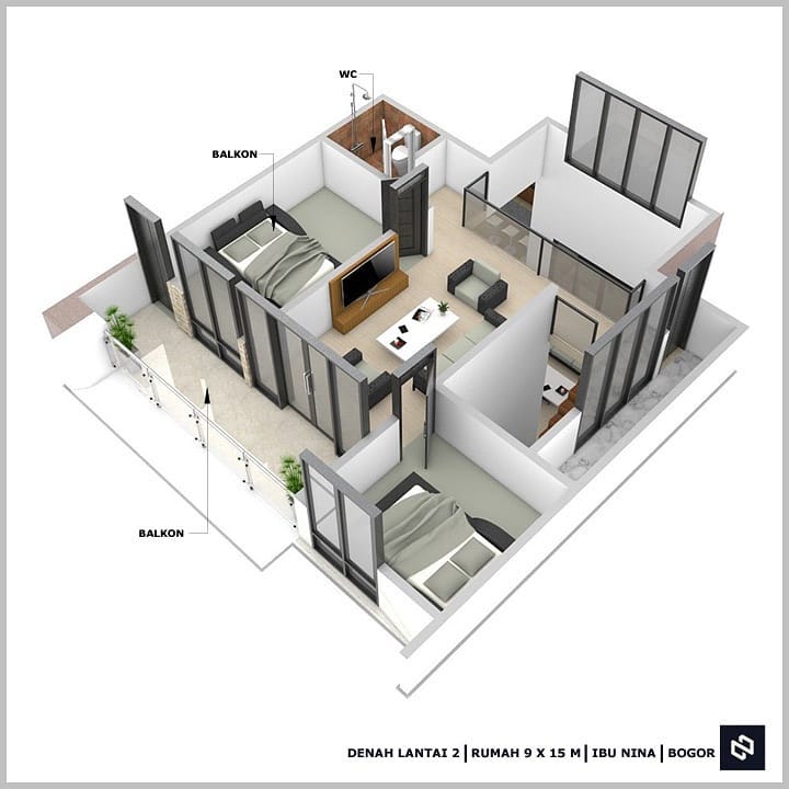 Desain rumah 9x15 Meter 2Lantai