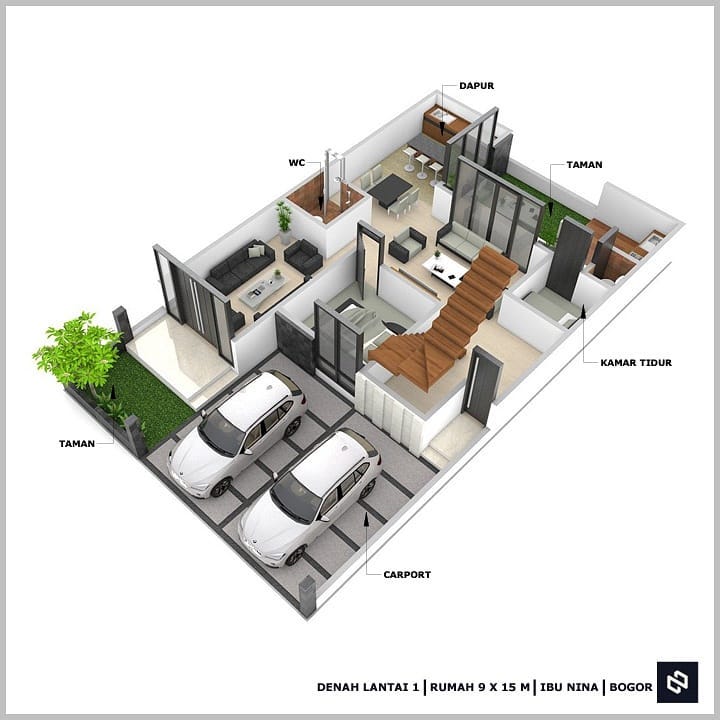 Desain rumah 9x15 Meter 2Lantai