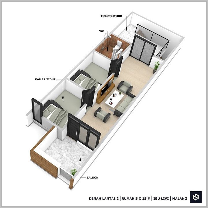 Desain rumah 5x15 Meter 2Lantai