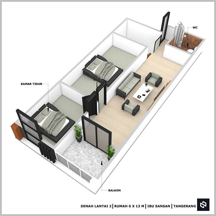 Desain rumah 6x13 Meter 2Lantai