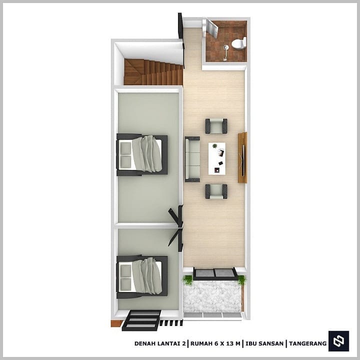 Desain rumah 6x13 Meter 2Lantai