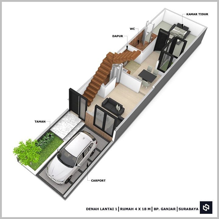 Desain rumah 4x18 Meter 2Lantai