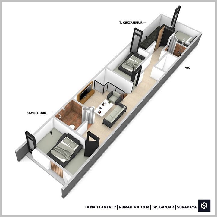 Desain rumah 4x18 Meter 2Lantai