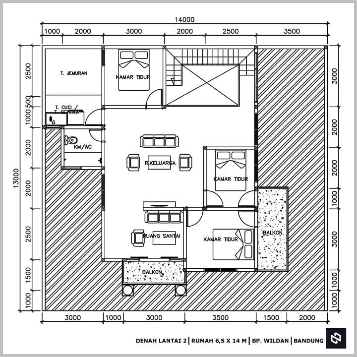 Desain rumah 14x13 Meter 2Lantai