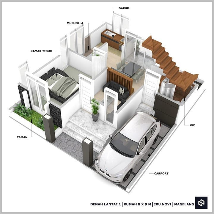 Desain rumah 8x9 Meter 2Lantai