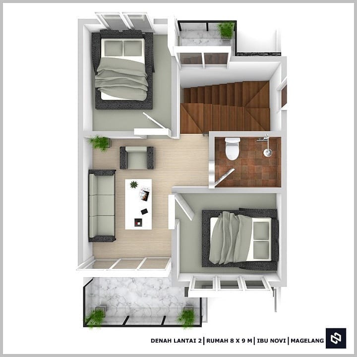 Desain rumah 8x9 Meter 2Lantai