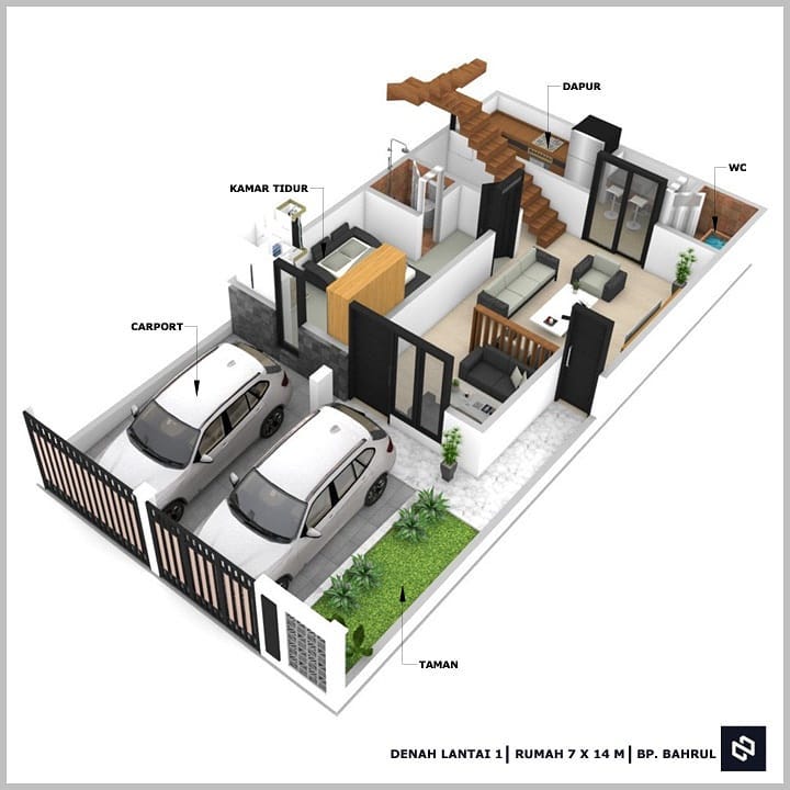 Desain rumah 7x14 Meter 2Lantai