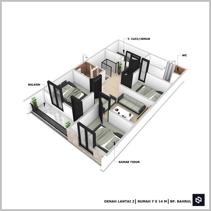 Desain rumah 7x14 Meter 2Lantai