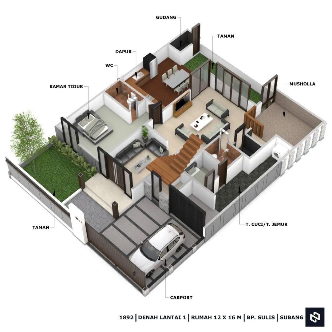 Desain rumah 12x16 Meter 2Lantai