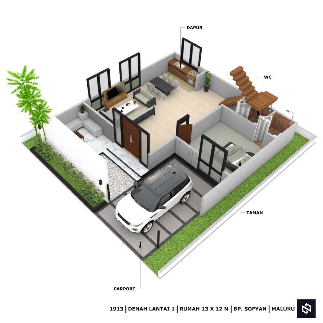 Desain rumah 12x13 Meter 2Lantai