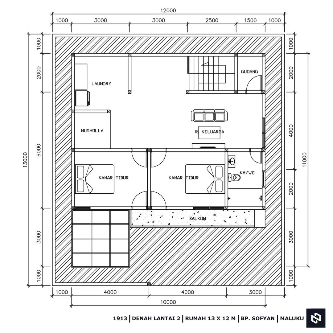 Desain rumah 12x13 Meter 2Lantai