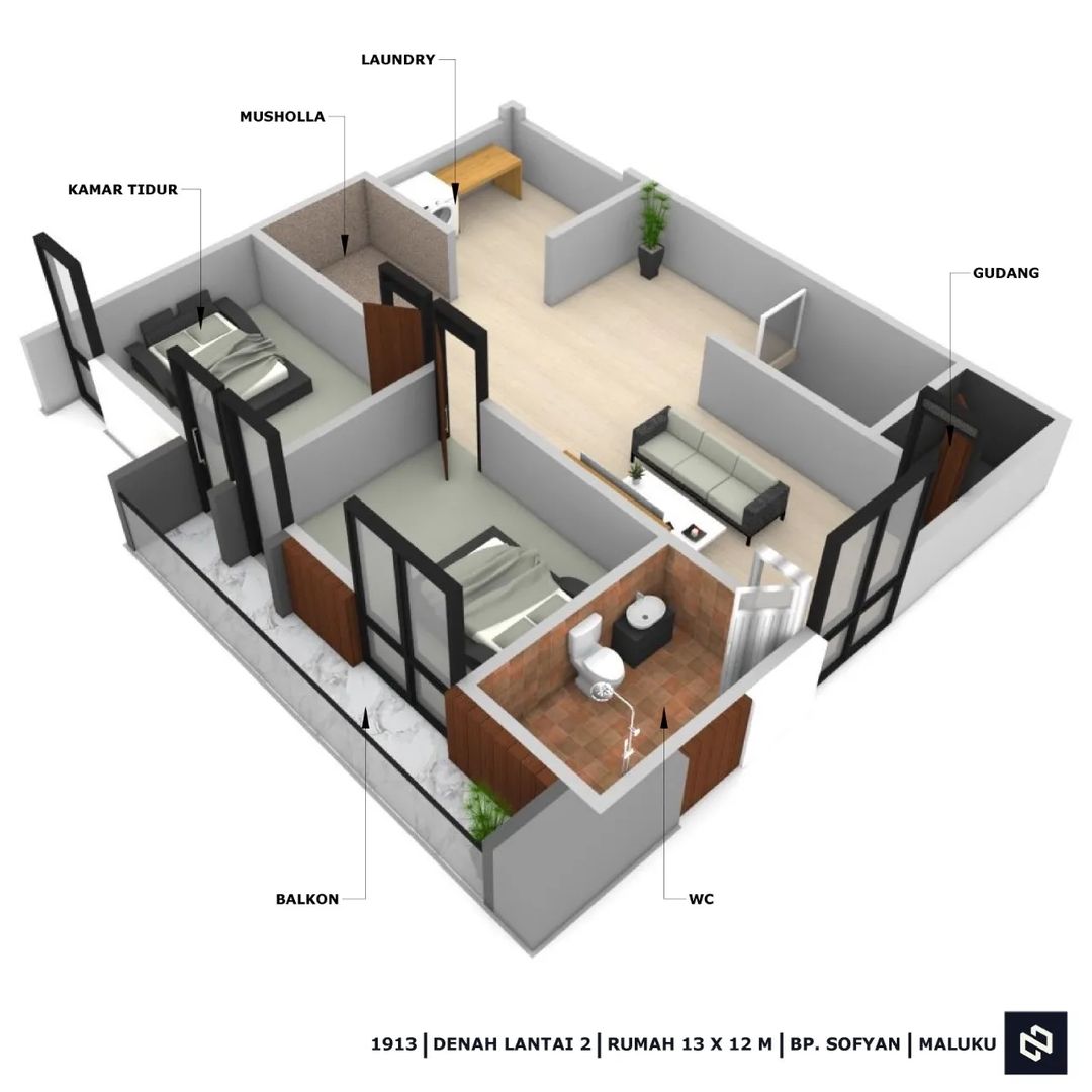 Desain rumah 12x13 Meter 2Lantai