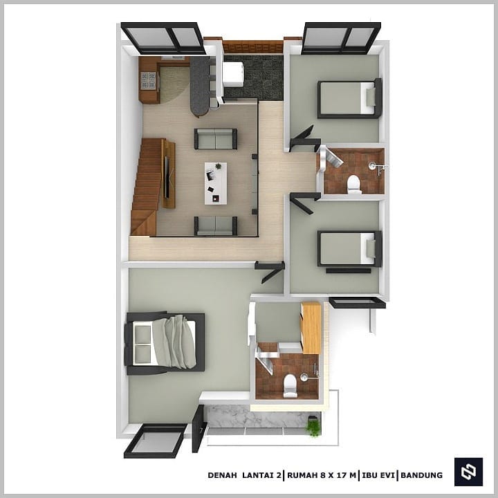 Desain rumah 8x17 Meter 2Lantai