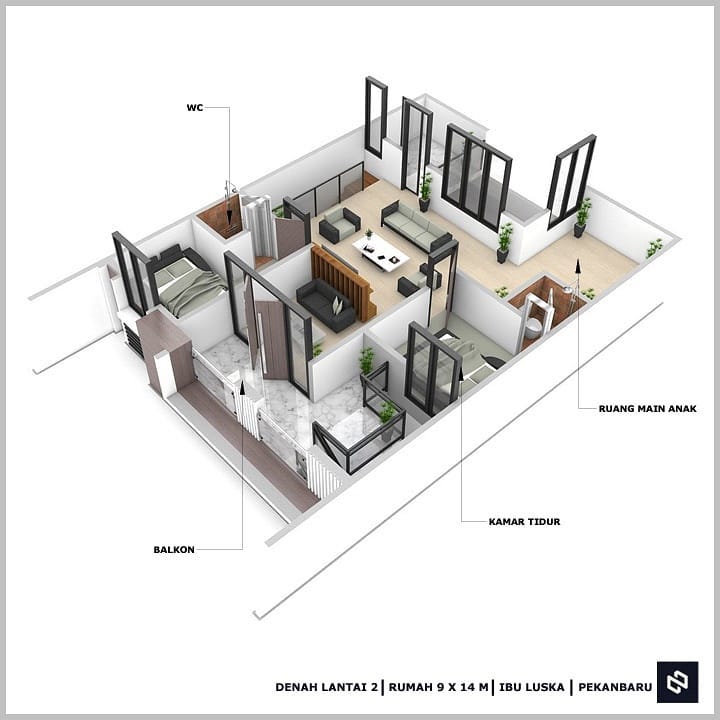 Desain rumah 9x14 Meter 2Lantai