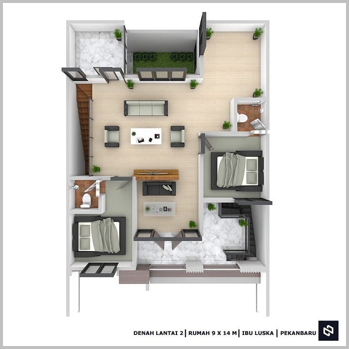 Desain rumah 9x14 Meter 2Lantai