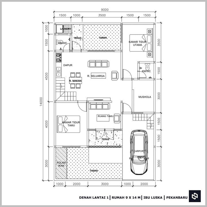 Desain rumah 9x14 Meter 2Lantai