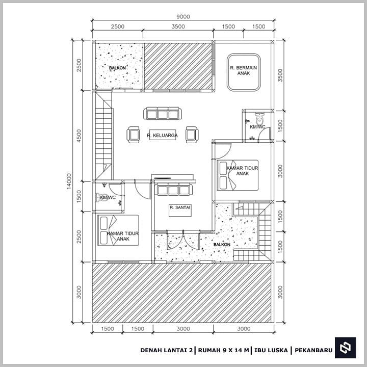 Desain rumah 9x14 Meter 2Lantai