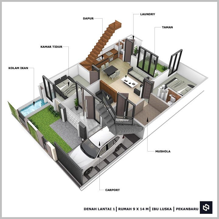 Desain rumah 9x14 Meter 2Lantai